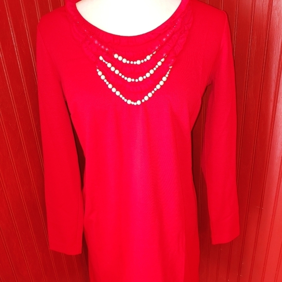 Chadwick Red Knit Dress Pearl Accents 10 - Picture 2 of 6